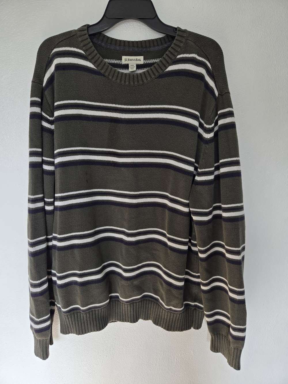 St. John's Bay Olive, White & Navy Striped Crewneck Sweater